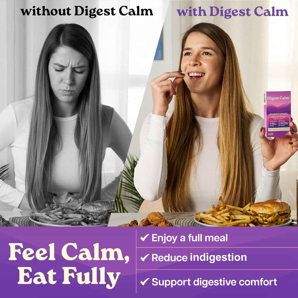 Digest Calm bottle side view showing compact 12-capsule pack for daily use.