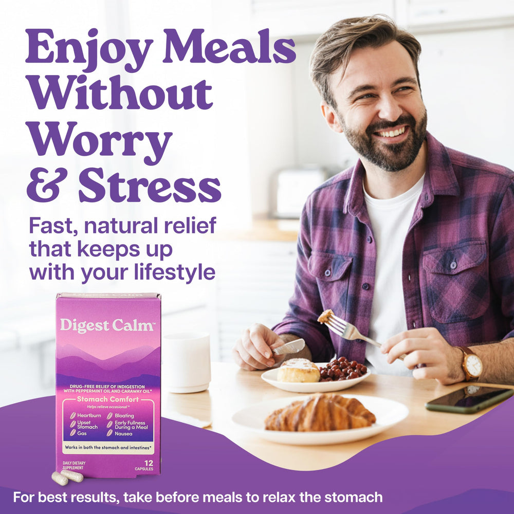 Digest Calm capsules ready before lunch or dinner to support digestion