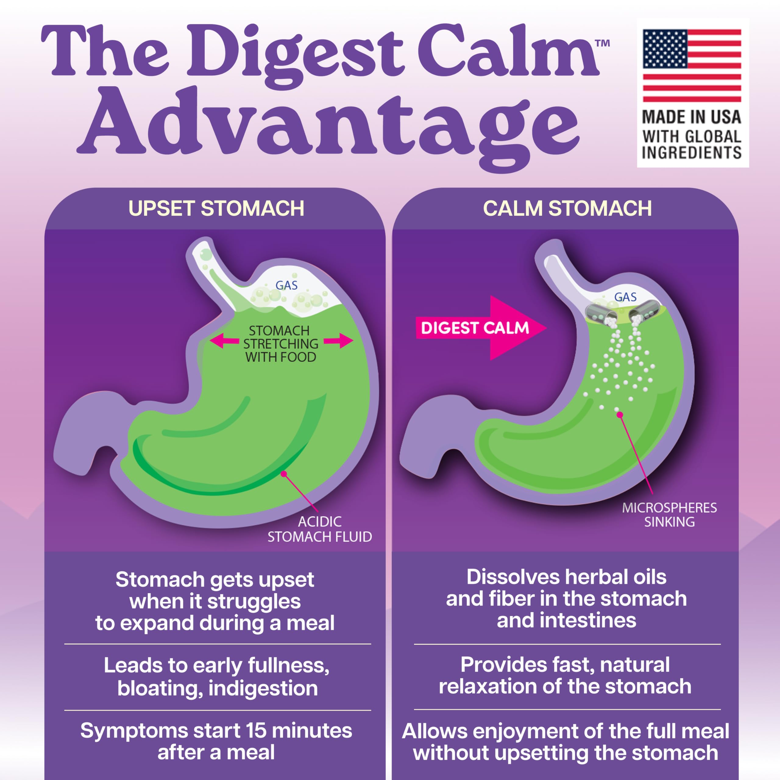 Digest Calm capsules closeup highlights peppermint and caraway oils.