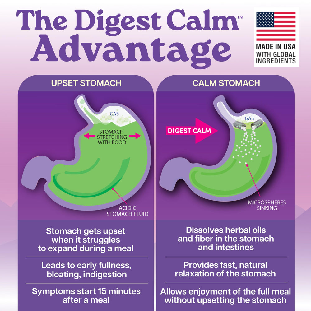 Digest Calm capsules closeup highlights peppermint and caraway oils.
