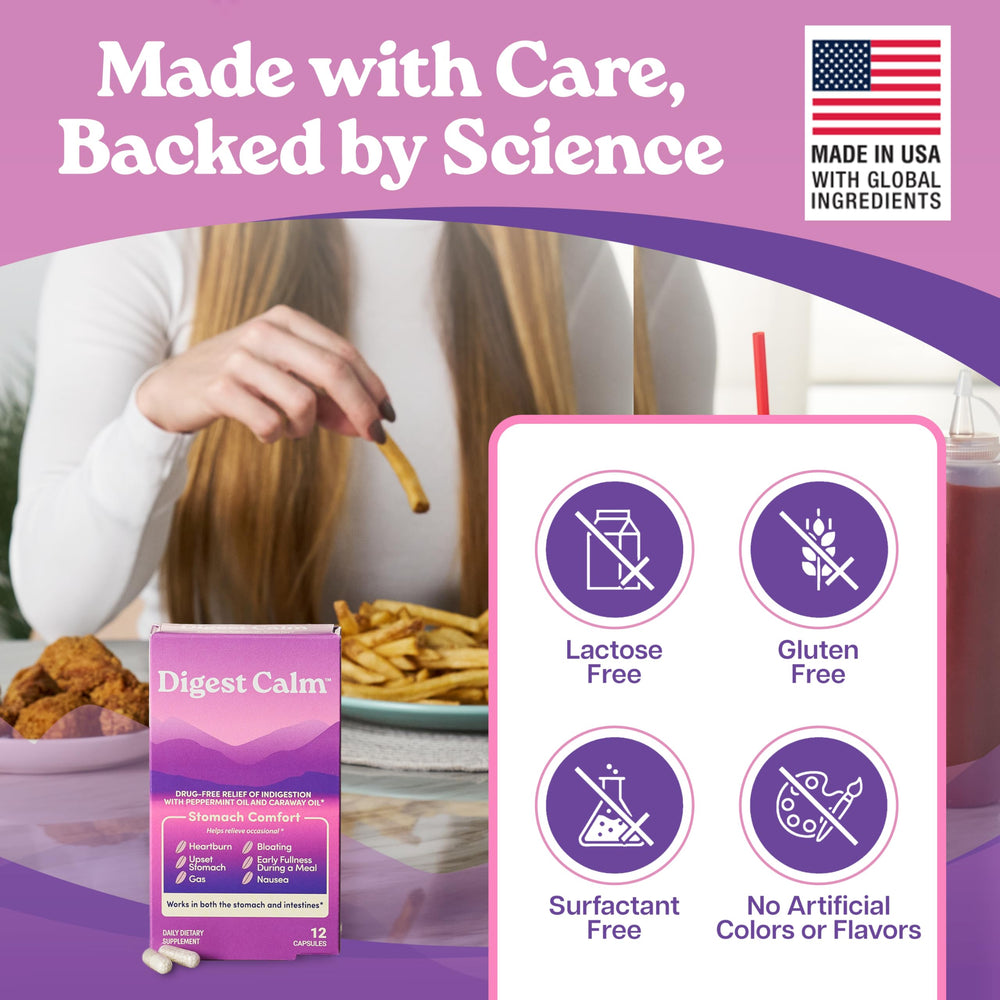 Digest Calm dosing guide image illustrates pre-meal use.