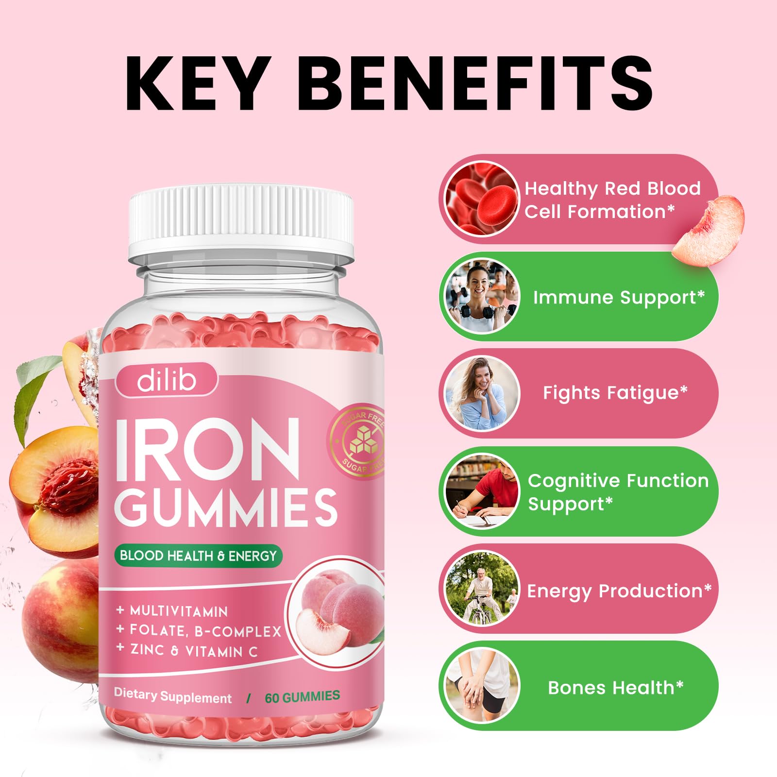 Dilib Iron Gummies with B complex visual emphasizing energy metabolism