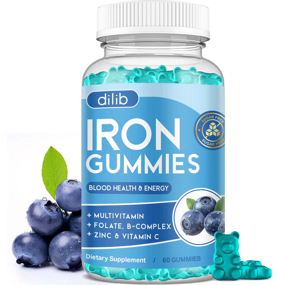 Dilib Iron Gummies blueberry bottle shows a tasty daily iron boost for energy support.