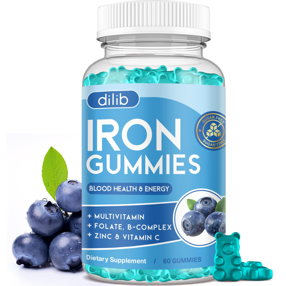Dilib Iron Gummies blueberry bottle shows a tasty daily iron boost for energy support.