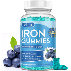 Dilib Iron Gummies blueberry bottle shows a tasty daily iron boost for energy support.