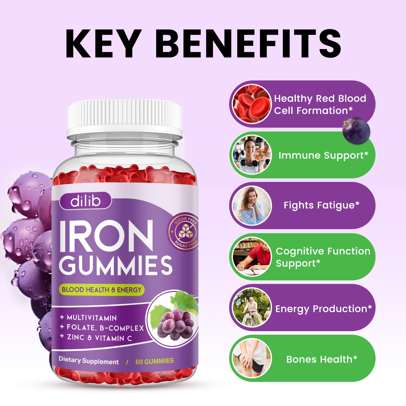 Dilib Iron Gummies nutrition ingredients chart highlighting minerals and vitamins