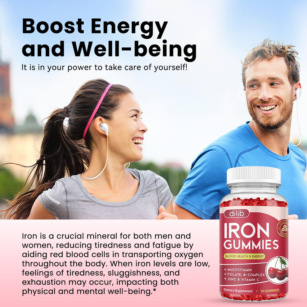 Dilib Iron Gummies nutrition label highlighting iron amount and vitamins.