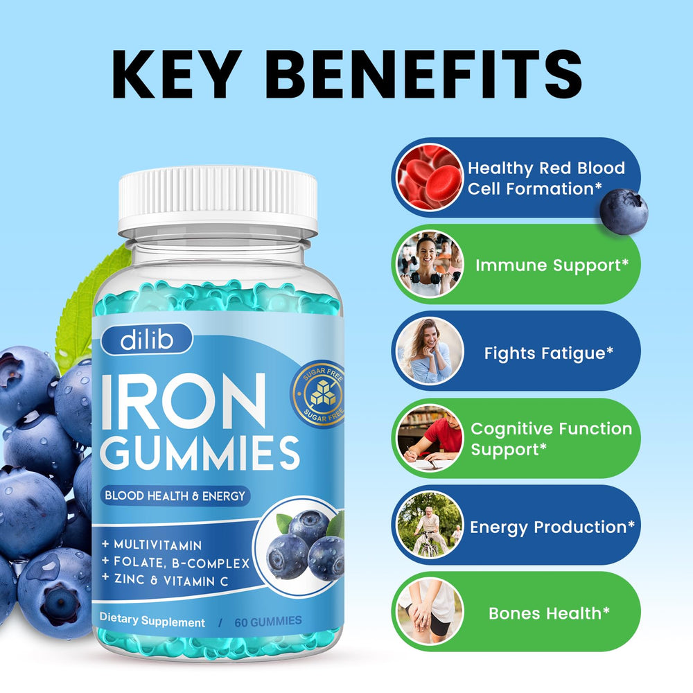 Dilib iron gummies nutrition panel underscores balanced vitamins and minerals for daily wellness.