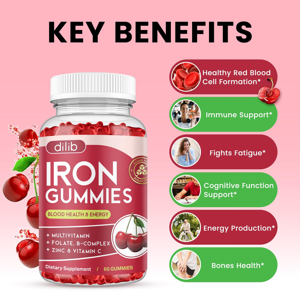 Dilib Iron Gummies packaging with cherry artwork and vegan appeal.