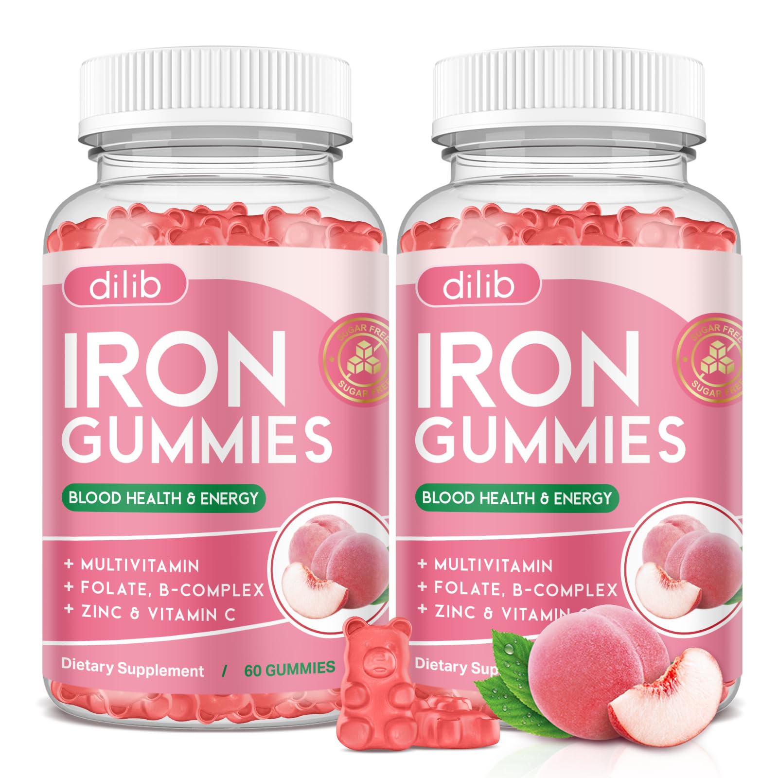 Dilib Iron Gummies peach flavor bottle for everyday energy support