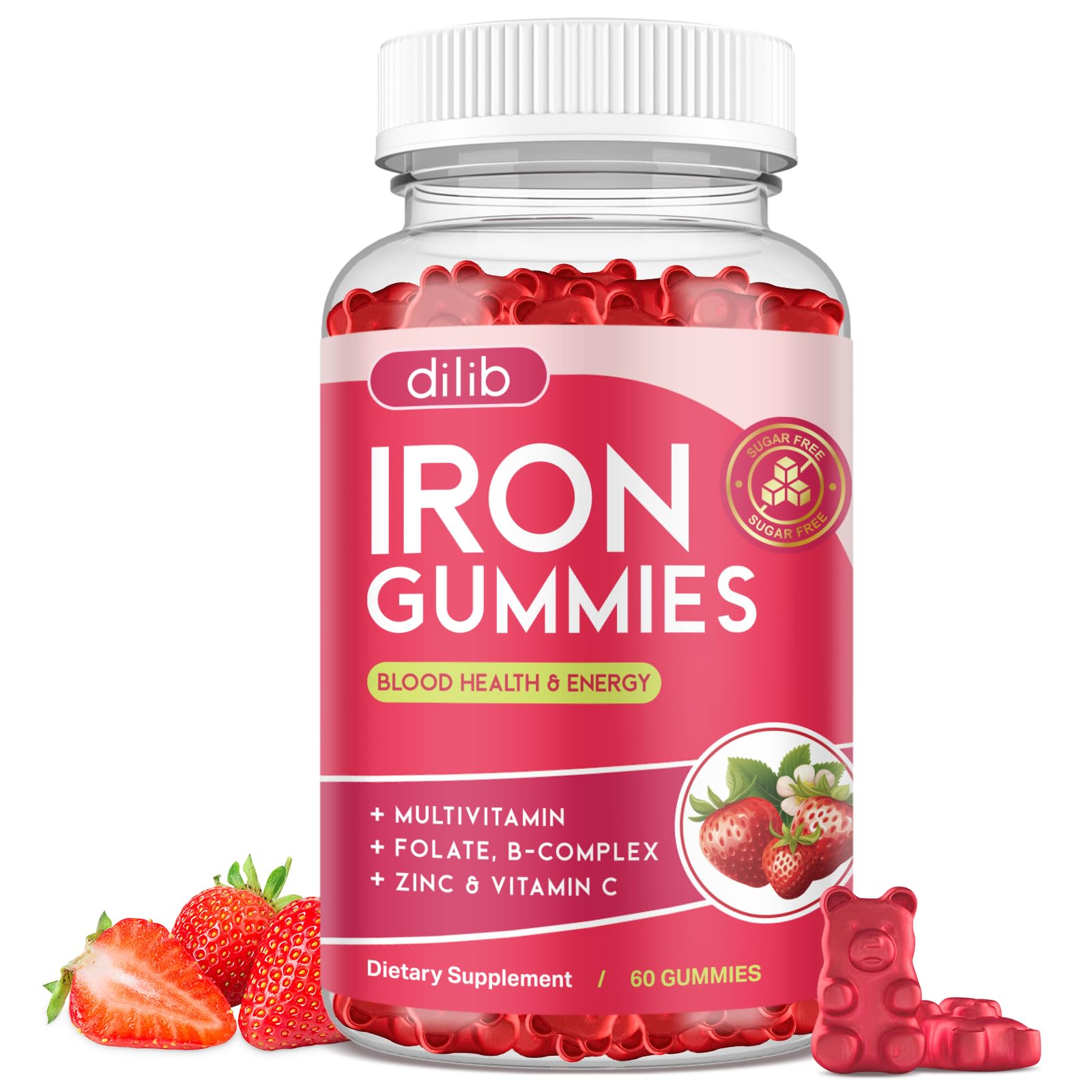 Dilib Iron Gummies bottle with strawberry flavor for daily energy support.