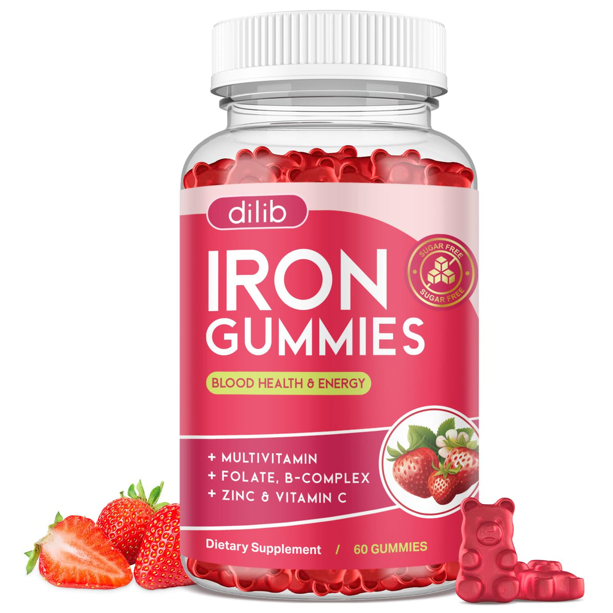 Dilib Iron Gummies bottle with strawberry flavor for daily energy support.