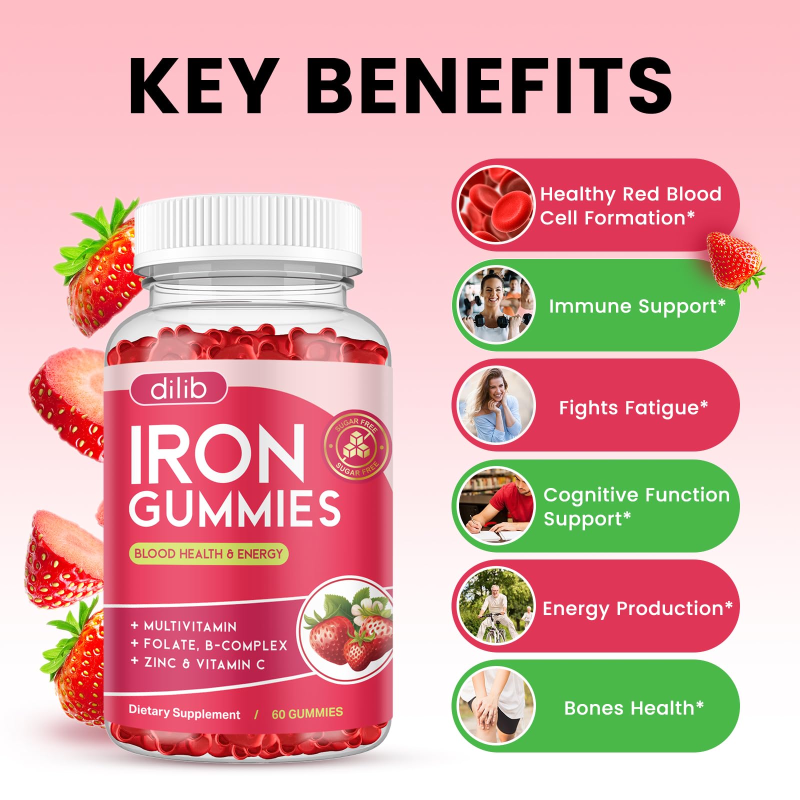 Dilib Iron Gummies label close-up showing the vitamin-rich multivitamin blend.