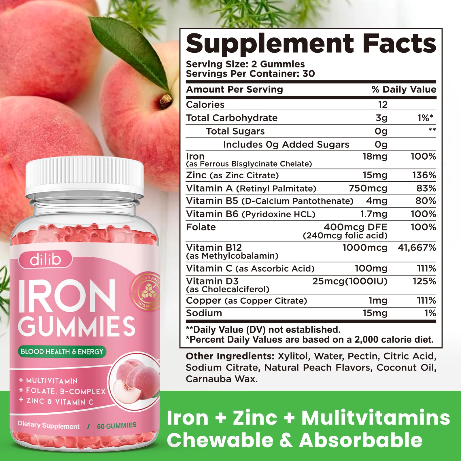 Dilib Iron Gummies peach-flavored chewy texture close-up