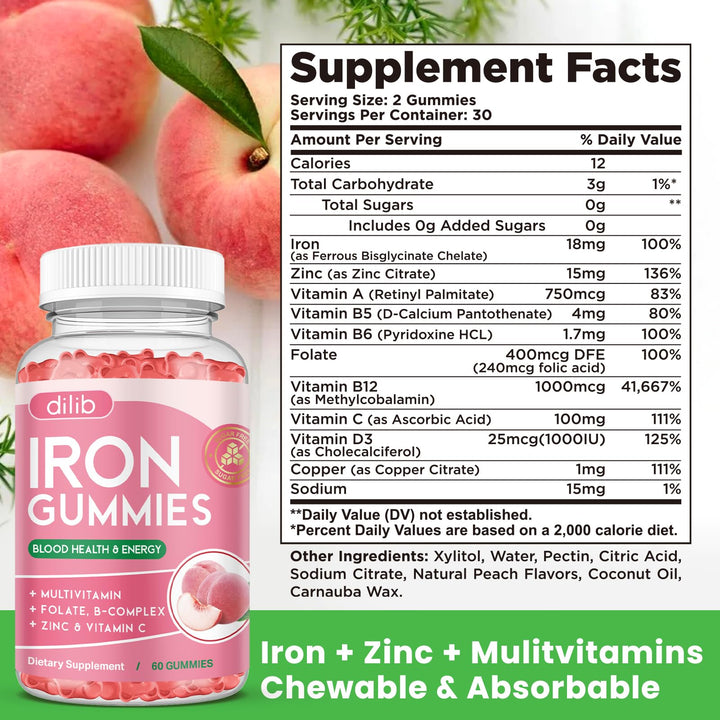 Dilib Iron Gummies peach-flavored chewy texture close-up