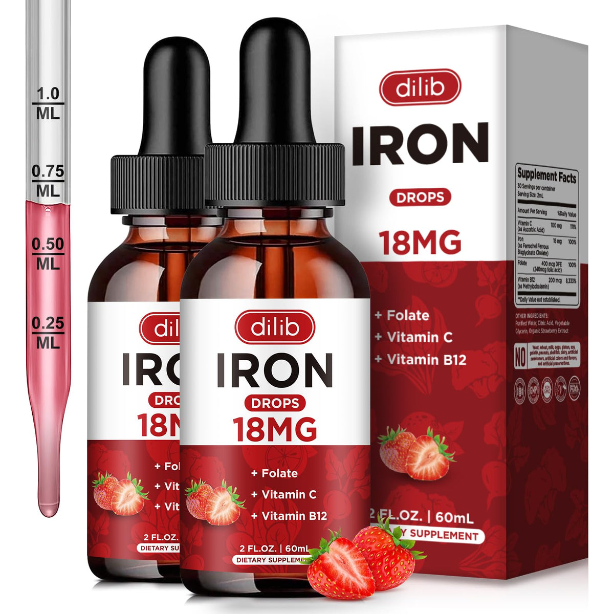 Dilib liquid iron strawberry bottle highlights a convenient daily iron support with a pleasant flavor.