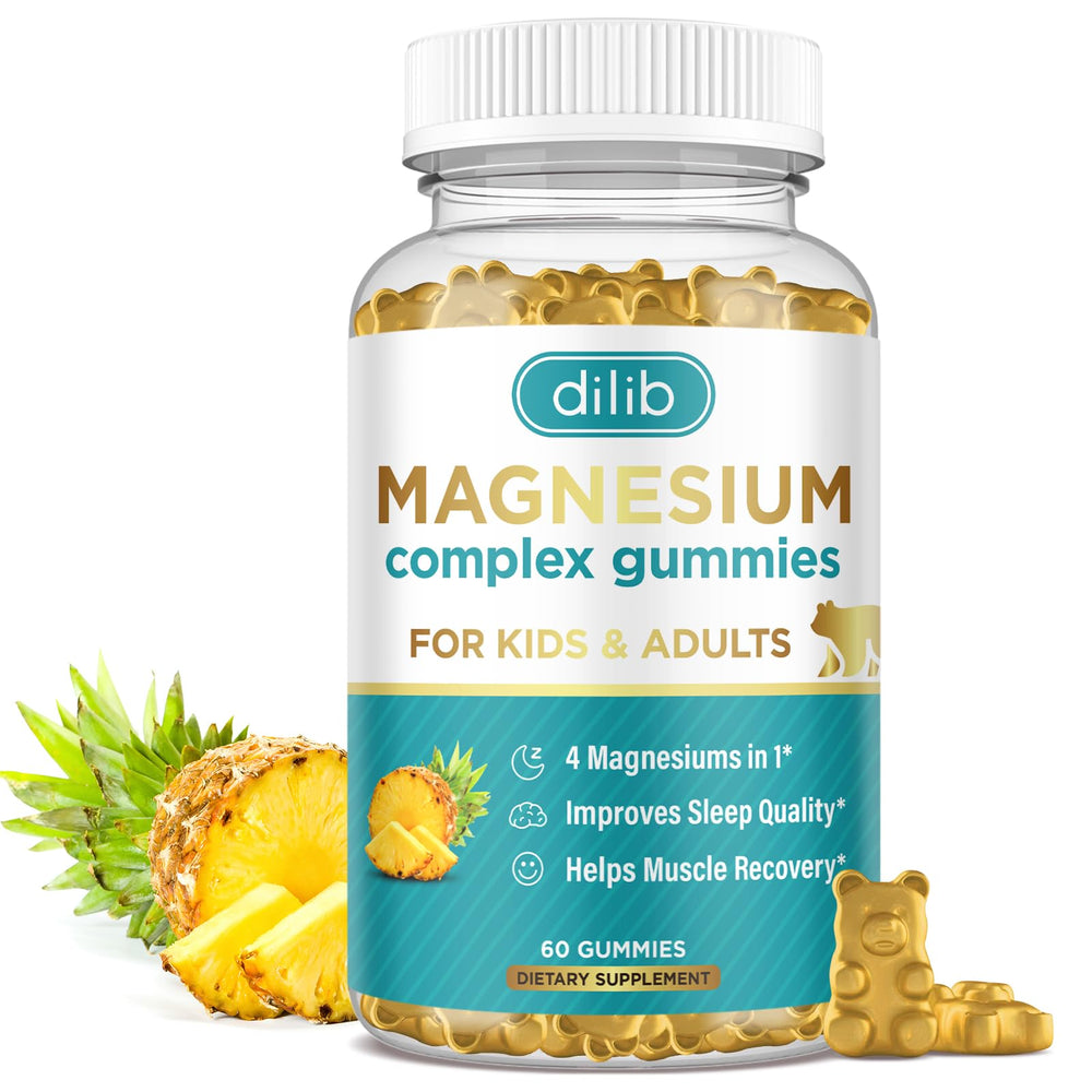 Dilib Magnesium Complex Gummies bottle showing pineapple flavor for kids' daily calm