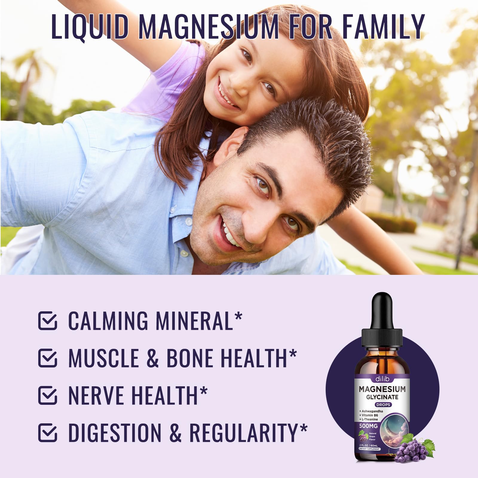 Dilib magnesium glycinate drops being poured to show easy dosing