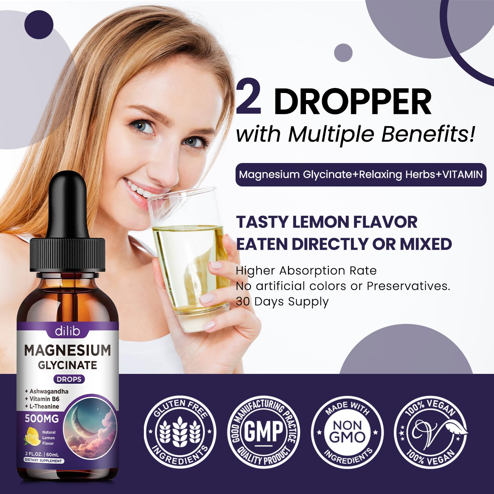 Dilib Magnesium Glycinate Drops bottle closeup emphasizes quality and natural ingredients