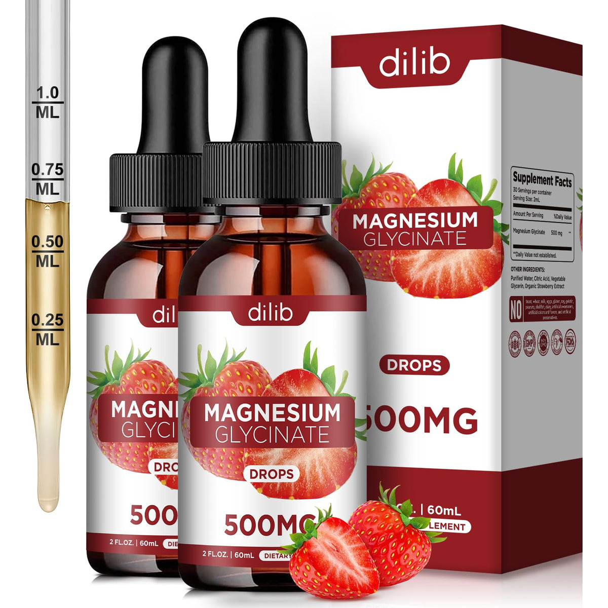 Dilib Magnesium Glycinate Drops bottle showcases high potency for daily relaxation.