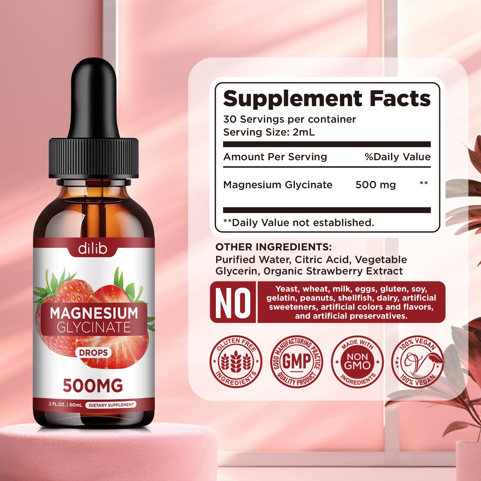 Dilib Magnesium Glycinate Drops flavor closeup emphasizes strawberry taste during use