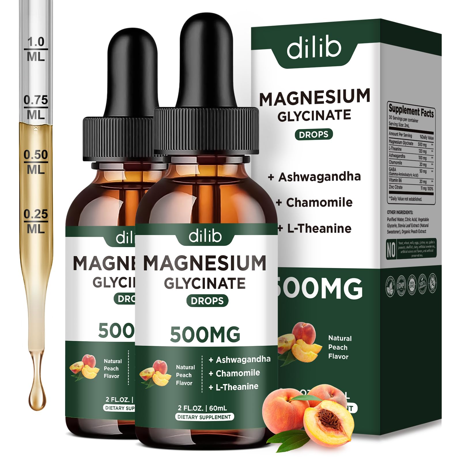 dilib Magnesium Glycinate Liquid Drops bottle front shows calming formula