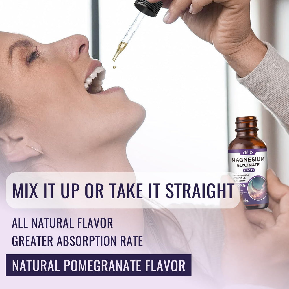 dilib Magnesium Glycinate Liquid Drops label highlights 500 mg magnesium and pomegranate flavor.