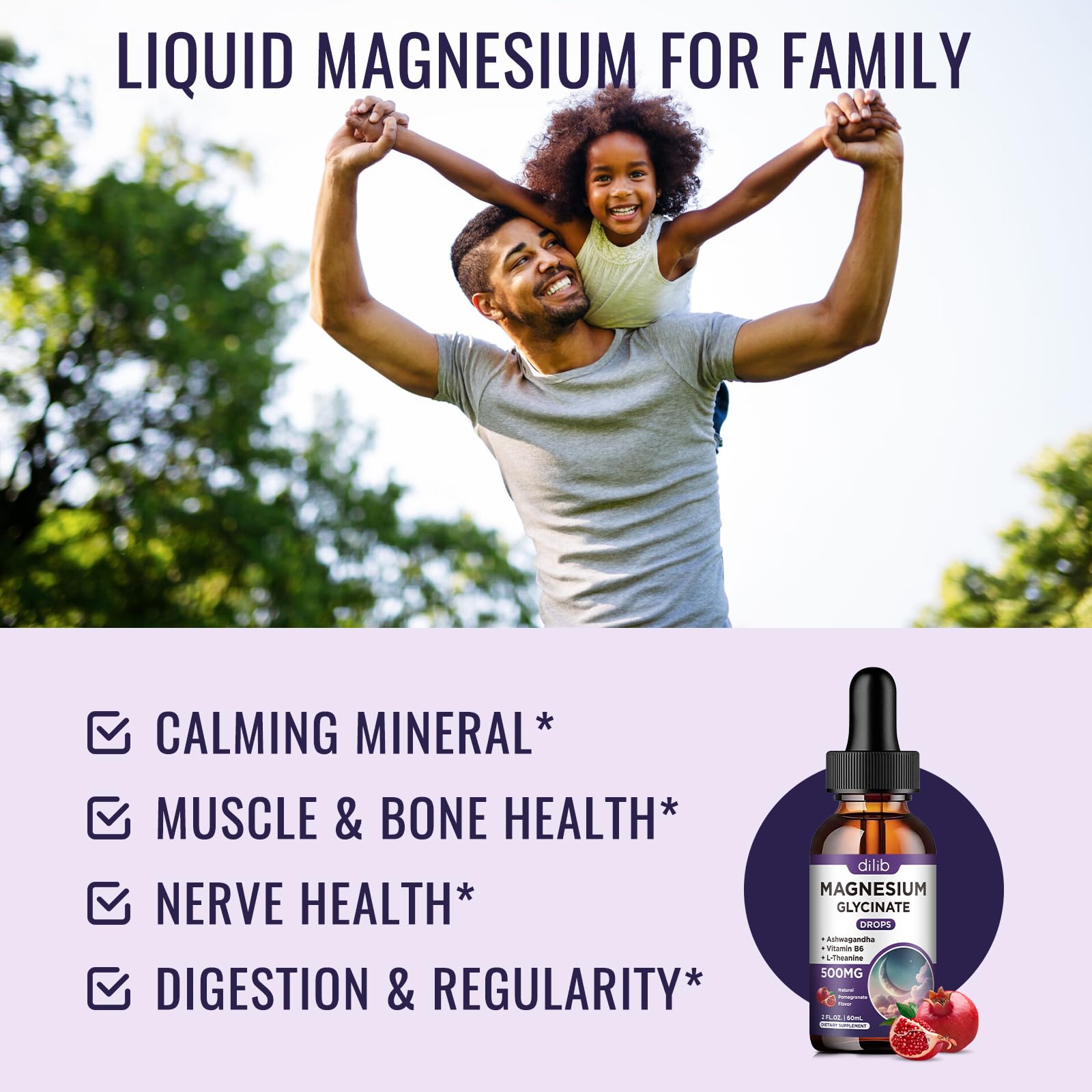 dilib Magnesium Glycinate Liquid Drops pour illustrates easy dosing and quick flavor release.