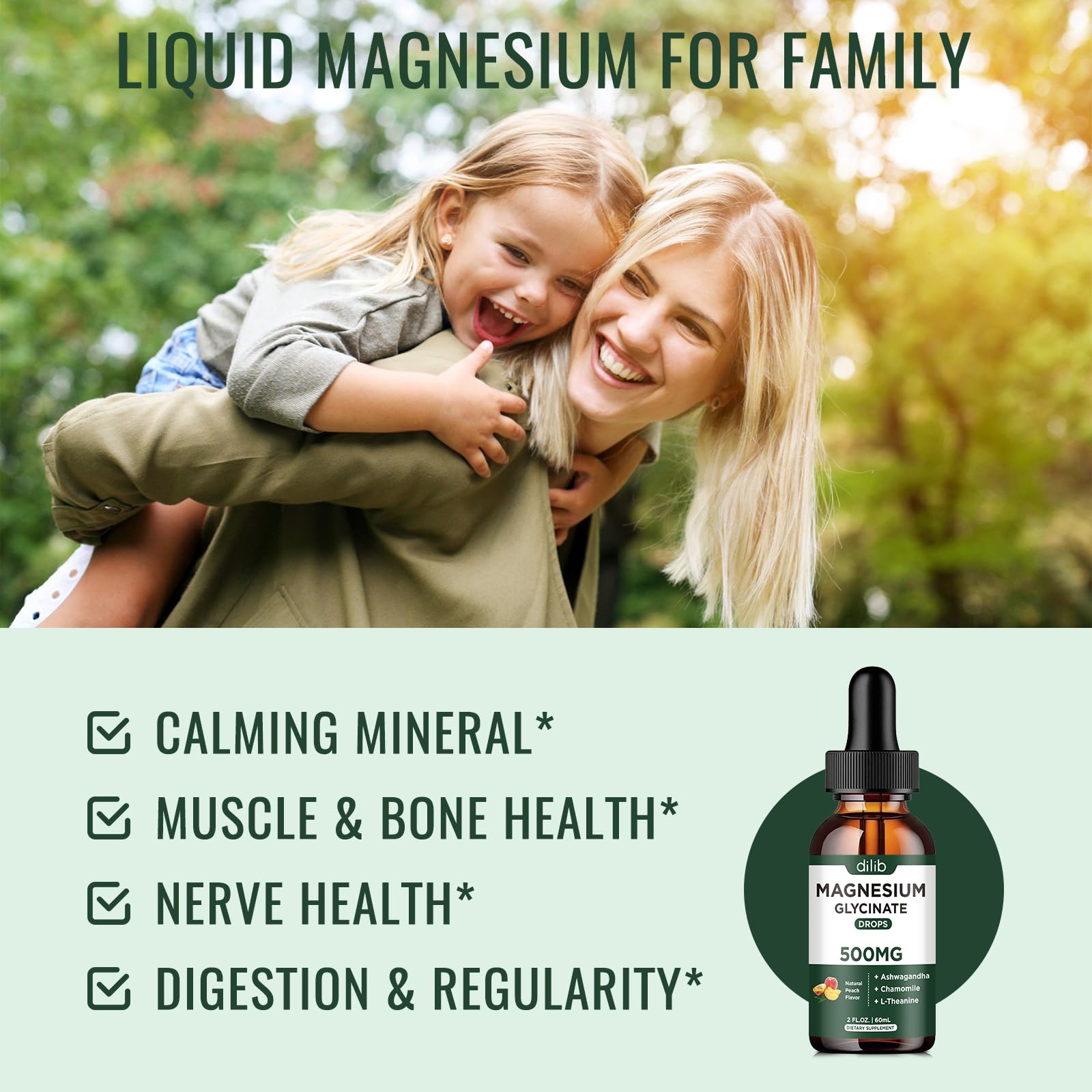 Dilib magnesium glycinate drops being poured for fast absorption and calm