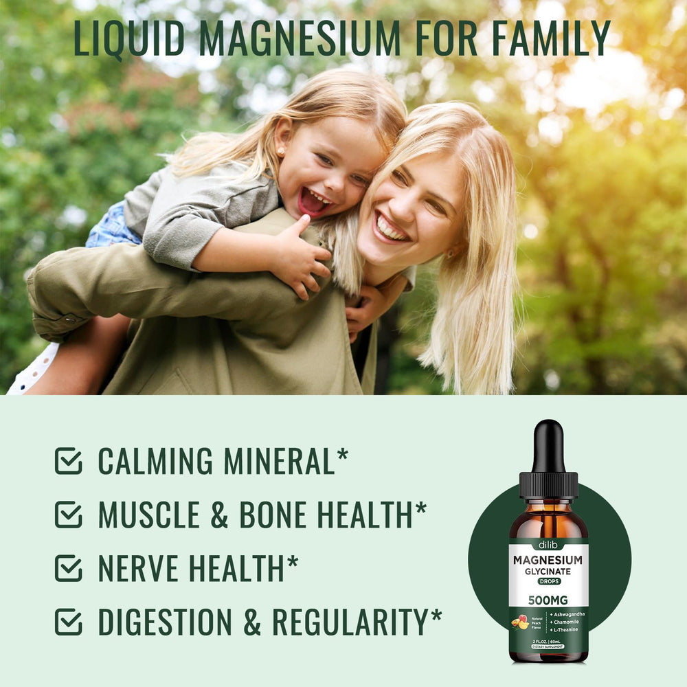 Dilib magnesium glycinate drops being poured for fast absorption and calm