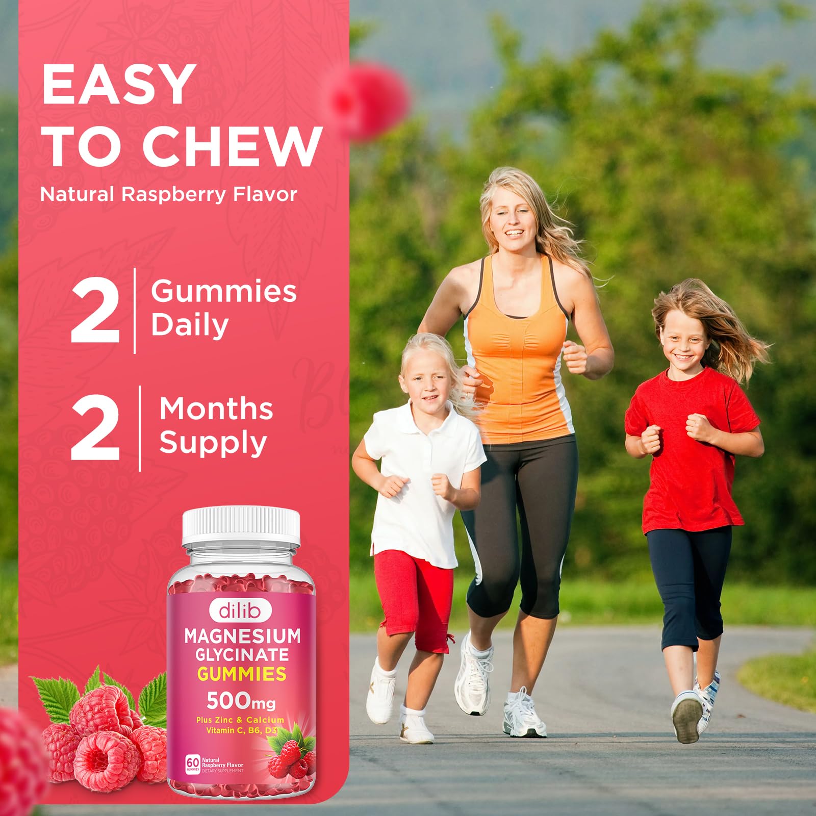 Dilib Magnesium Gummies bottle and ingredients highlighting absorption and formula.
