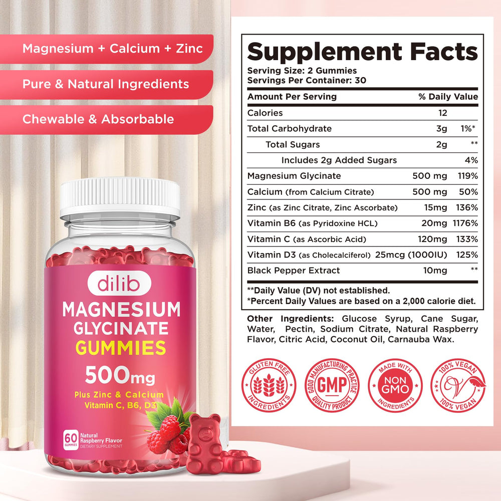 Dilib Magnesium Gummies packaging display with 60 gummies for family use.