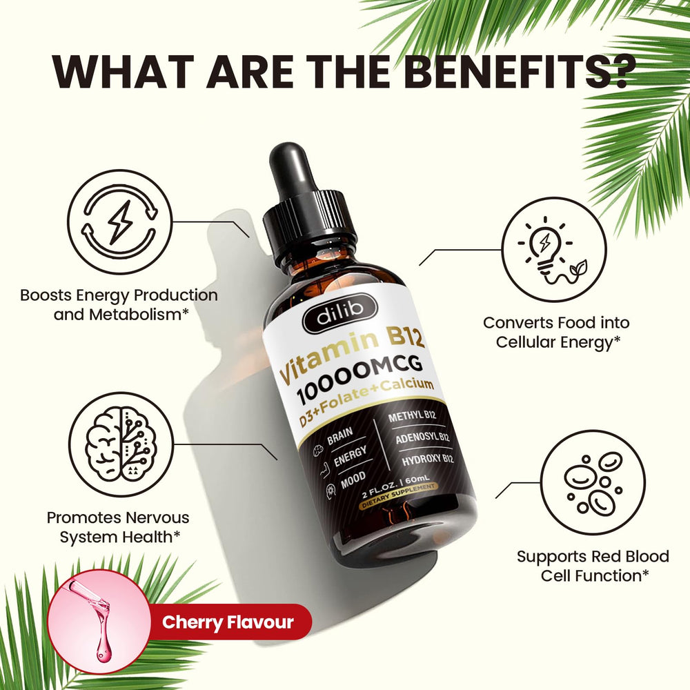 Vegan-friendly Dilib B12 complex packaging and ingredient highlights.