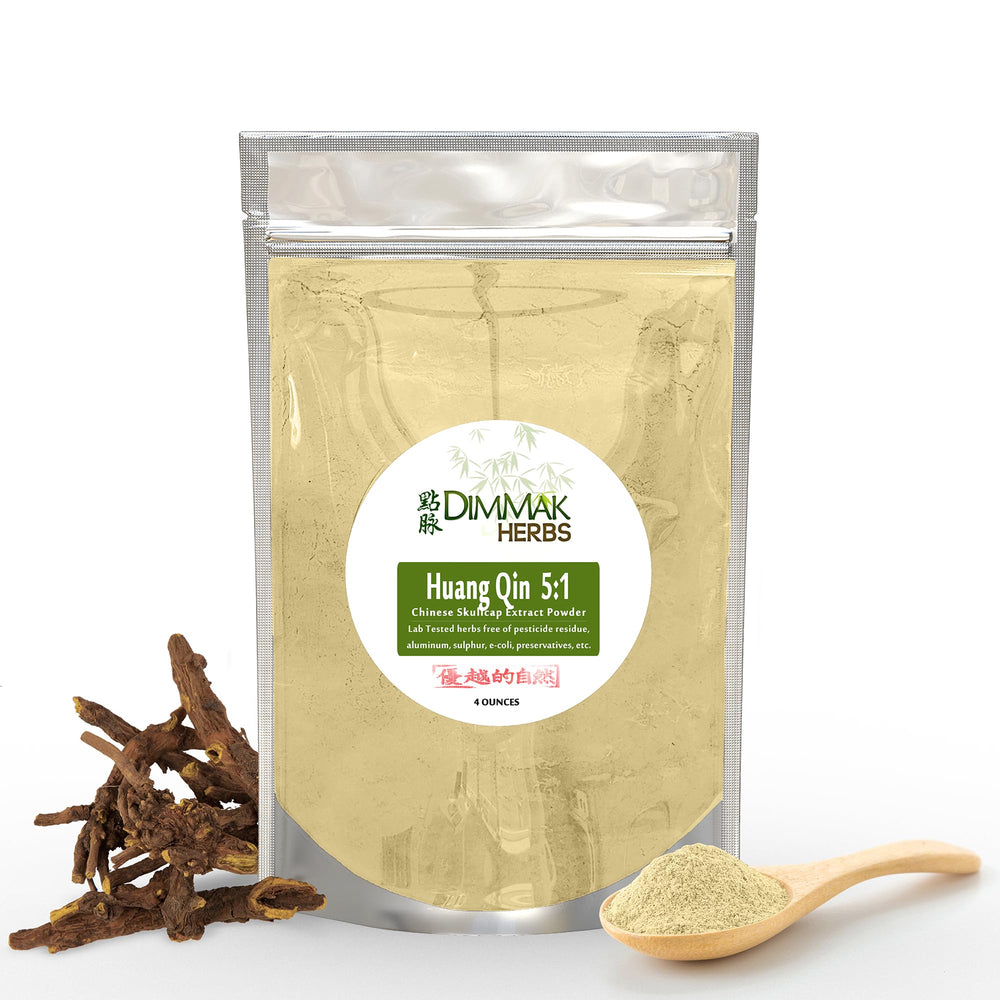 Dimmak Herbs Huang Qin extract bottle highlighting potent 5:1 concentration for immune support.