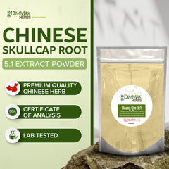 Dimmak Herbs Huang Qin label closeup showing organic quality and full-spectrum extract.