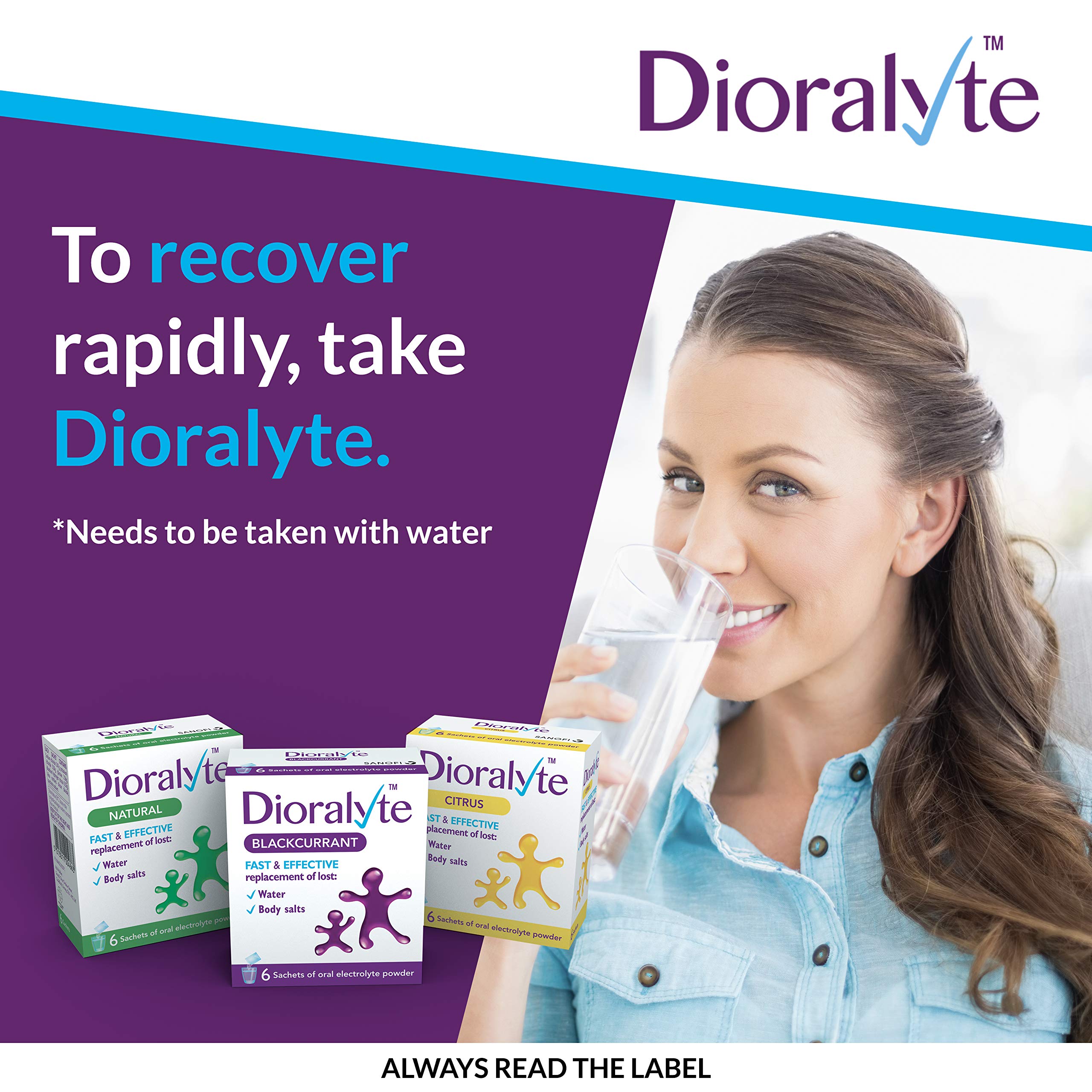 Dioralyte Citrus sachets front view in blister pack for on-the-go hydration.