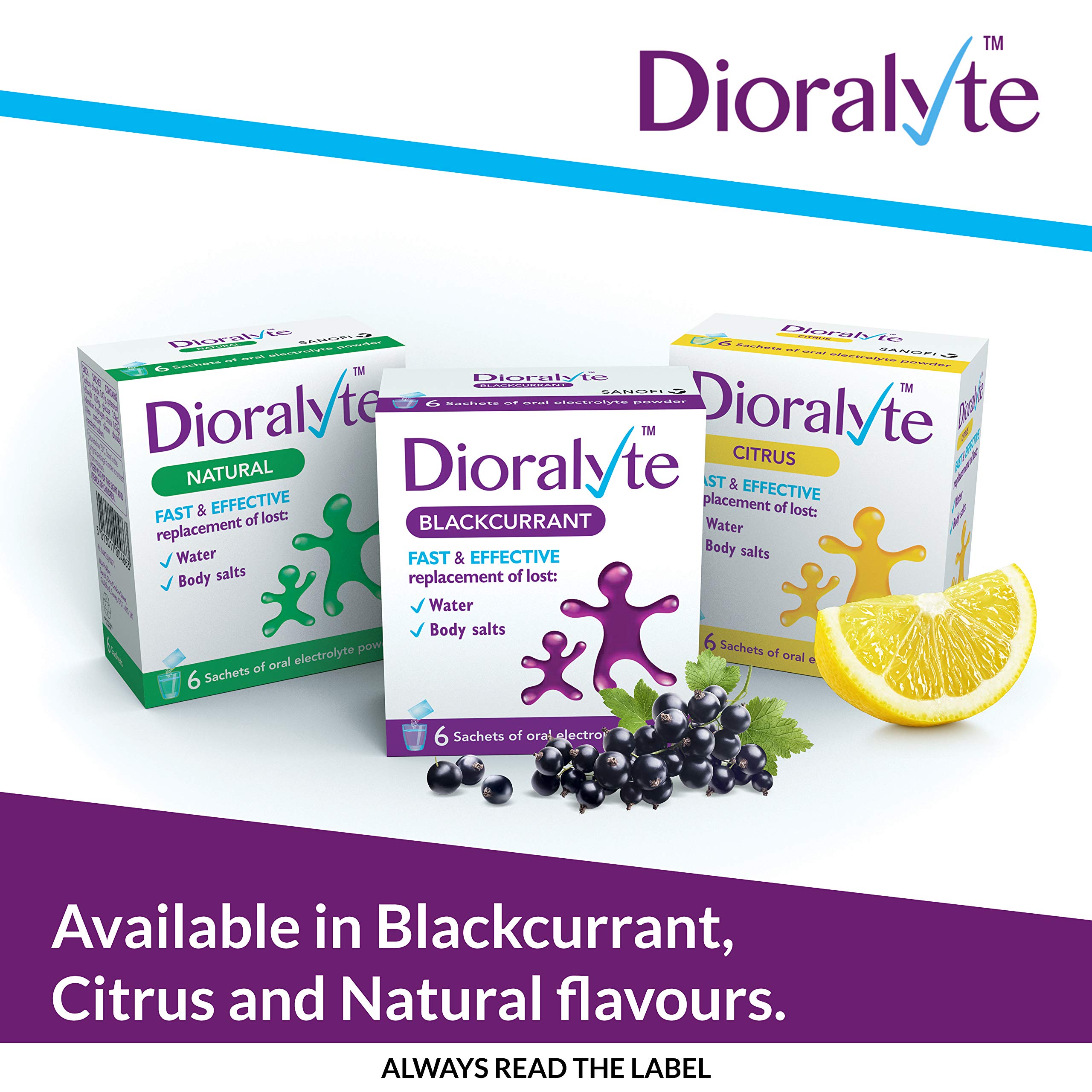 Dioralyte Citrus sachets beside a glass of water for hydration on the move.