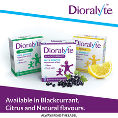 Dioralyte Citrus sachets beside a glass of water for hydration on the move.