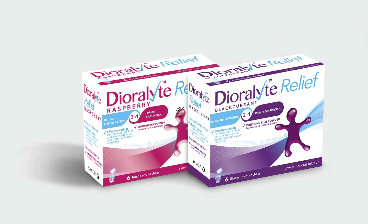 Dioralyte Relief Raspberry sachets label emphasizing easy preparation.