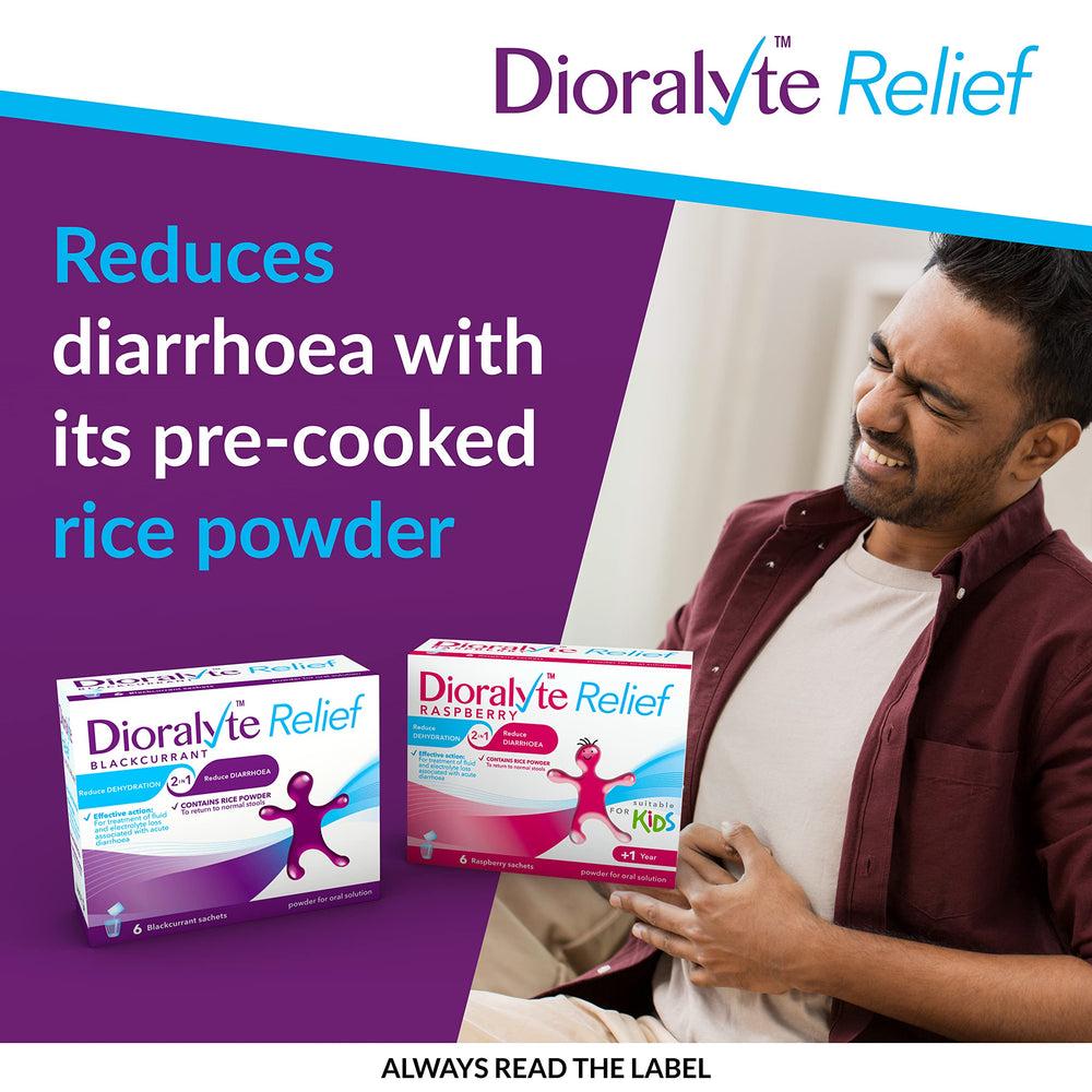 Dioralyte Relief Raspberry packaging highlighting travel-friendly use.
