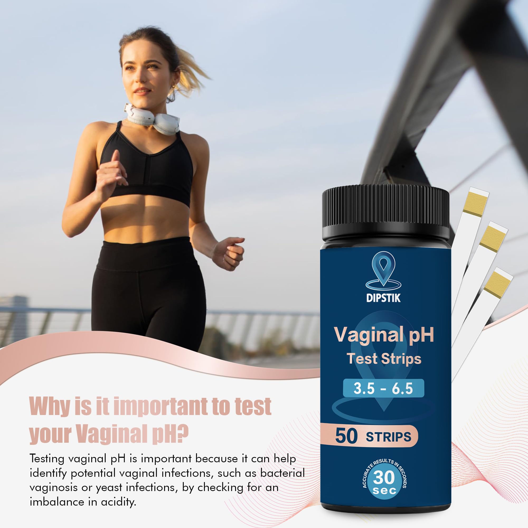 At-home health check with Dipstik Vaginal pH test strips.