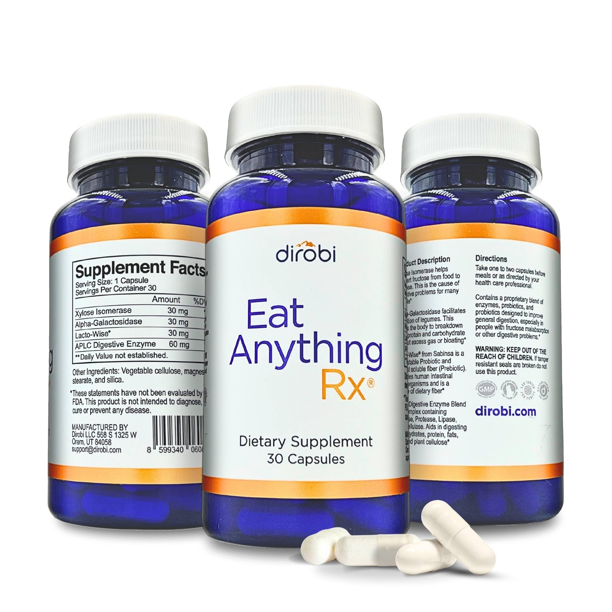 Dirobi Eat Anything bottle front shows a trusted digestive enzyme supplement for meal comfort.