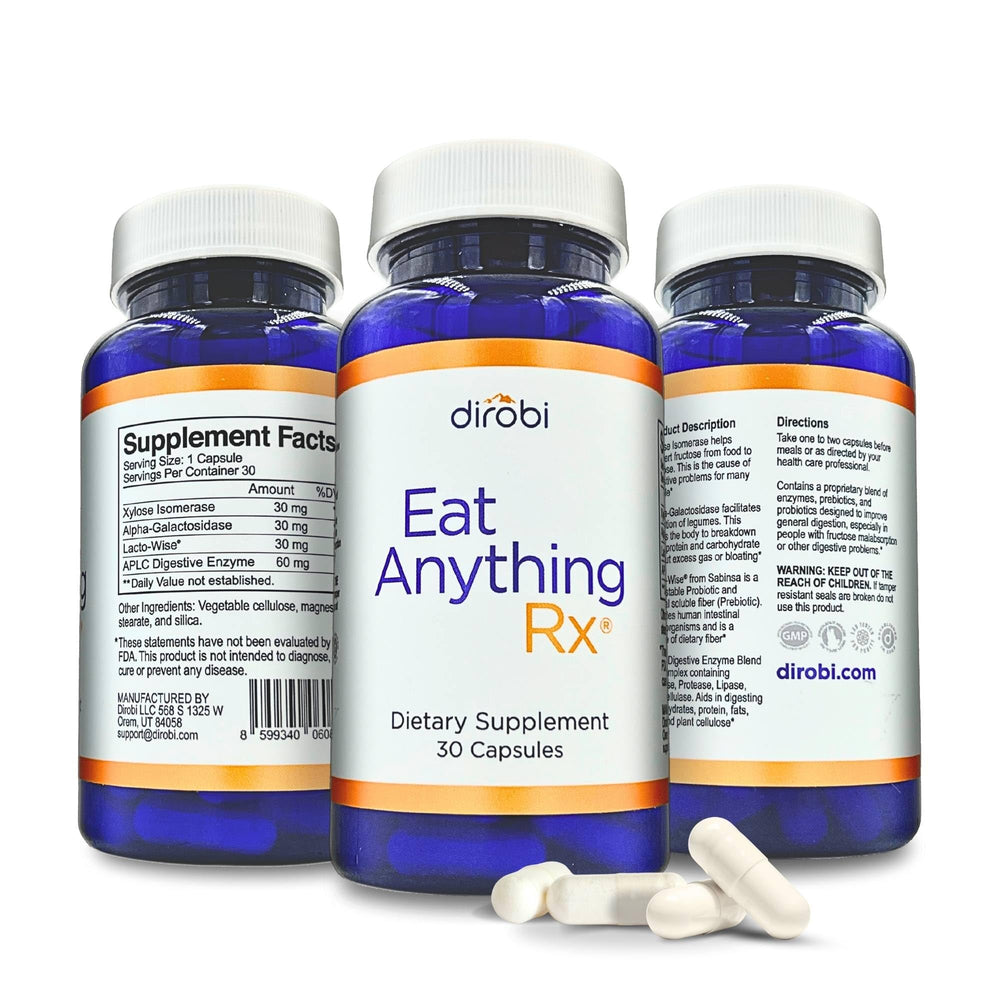 Dirobi Eat Anything bottle front shows a trusted digestive enzyme supplement for meal comfort.