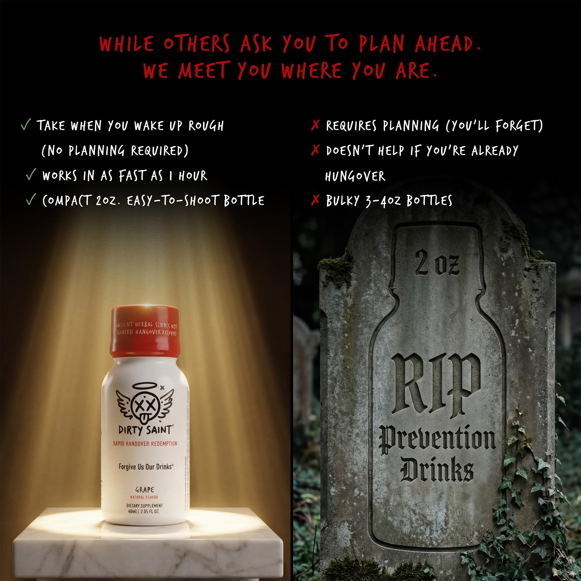 DIRTY SAINT Hangover Shot ingredients graphic highlights NAC and milk thistle.