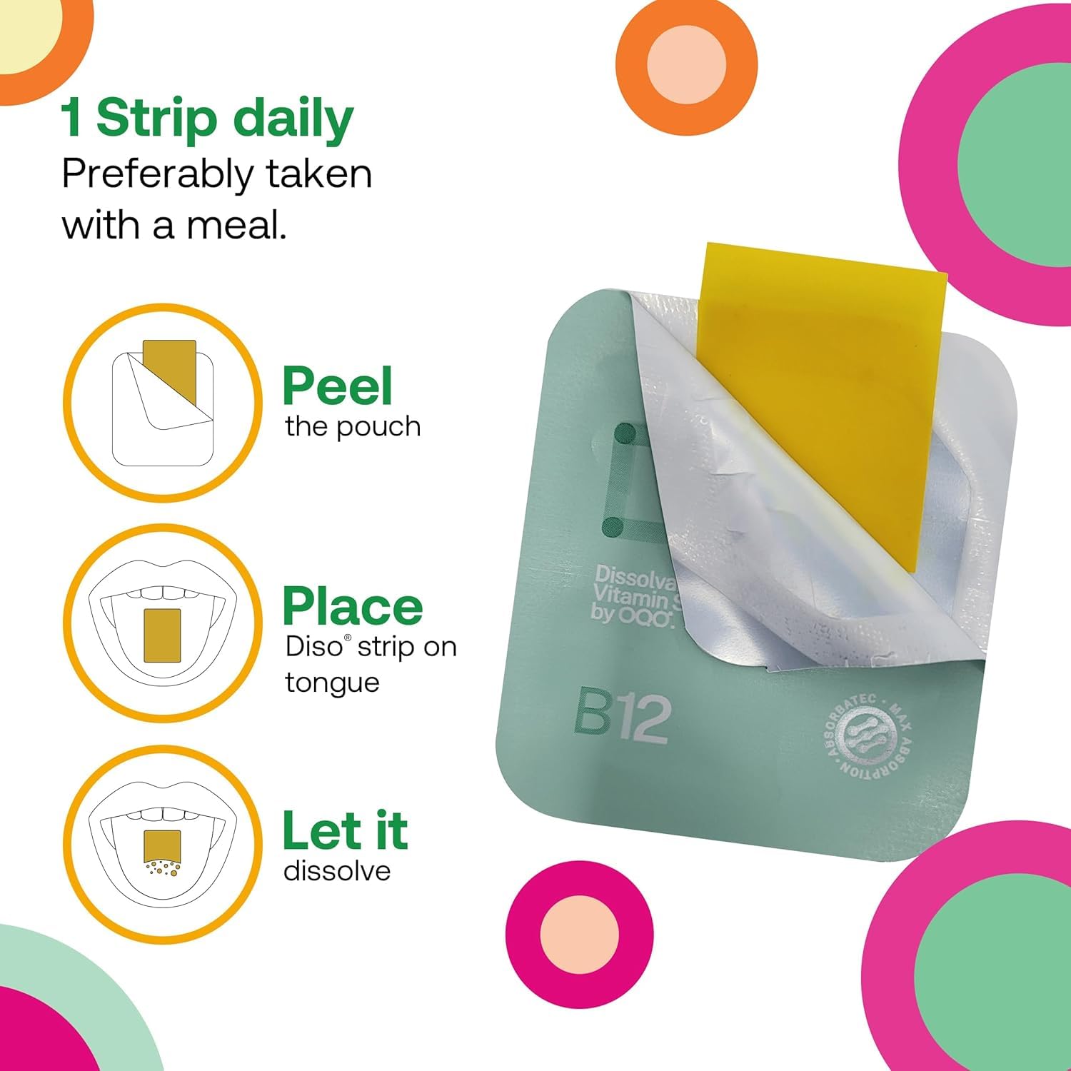 DISO B12 dissolving strip on tongue demonstrates fast absorption without water.