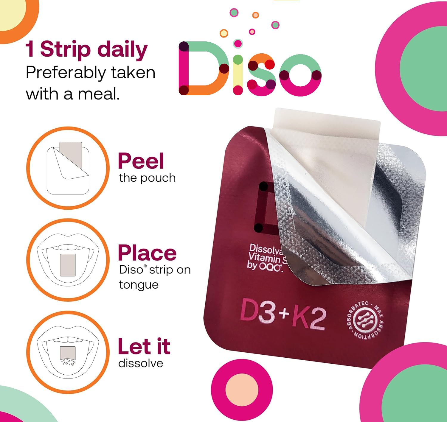 DISO D3+K2 bottle front label highlighting vegan and sugar-free features.