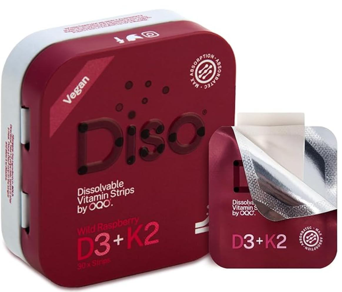 DISO D3+K2 raspberry strip dissolving on tongue for quick absorption.