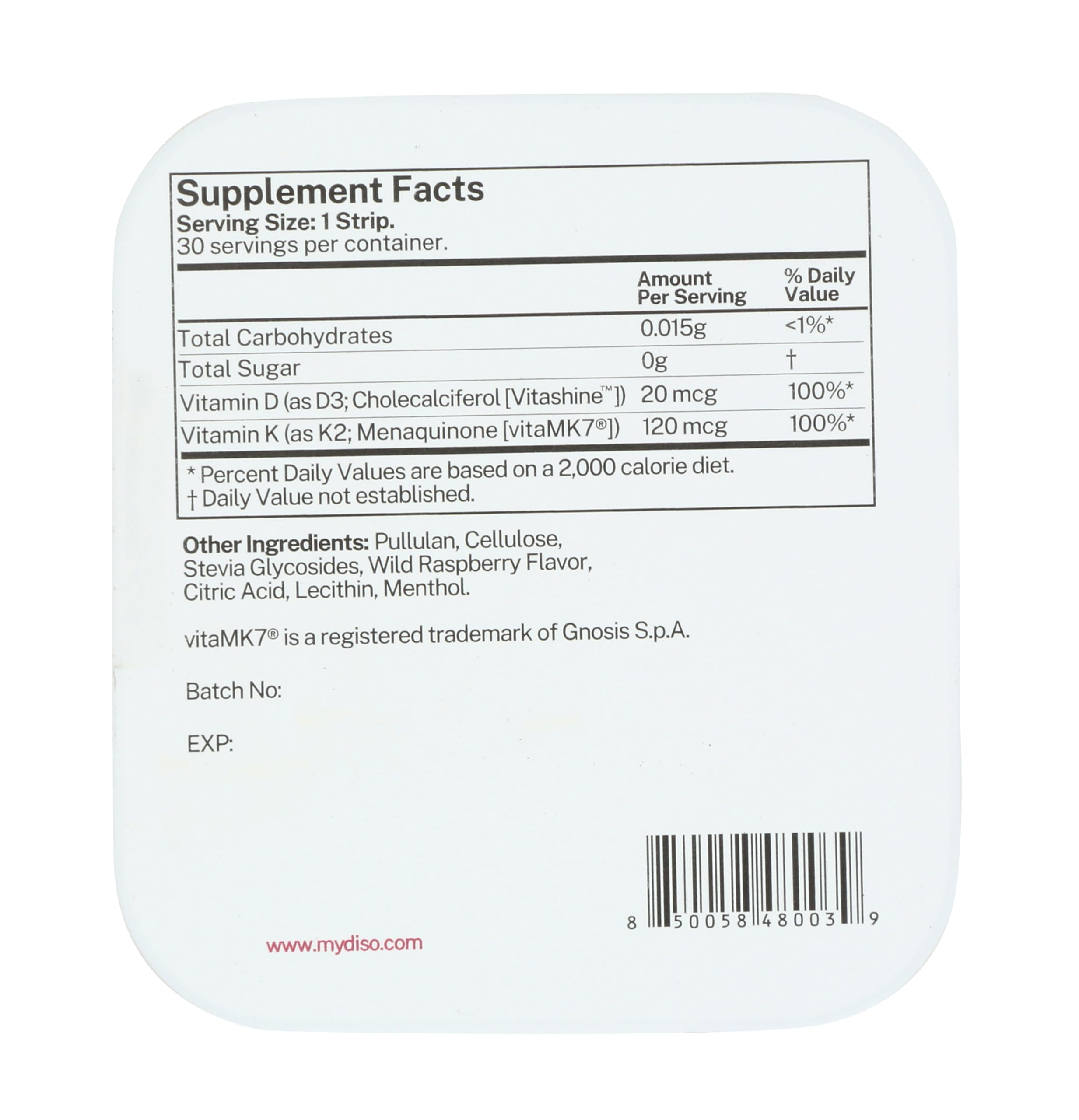 DISO D3+K2 strip packaging open showing individual doses.
