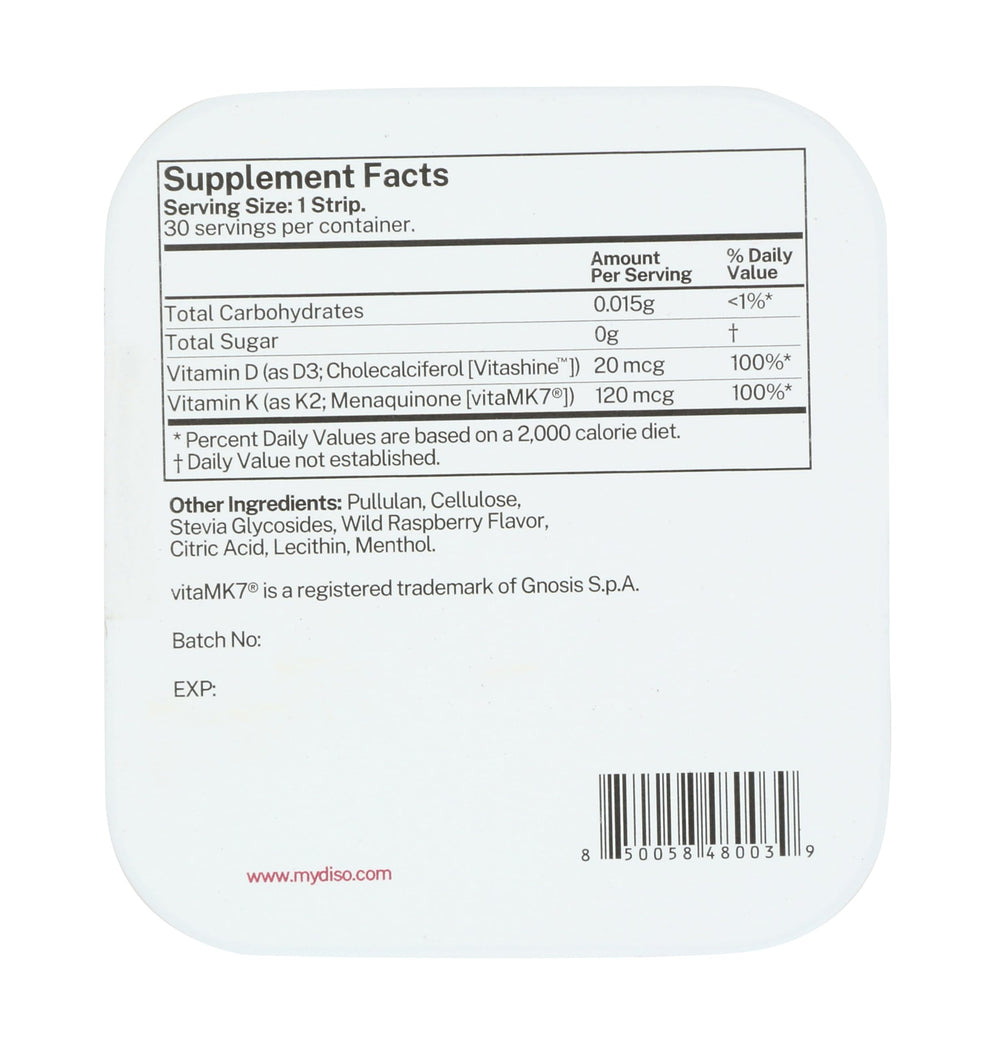 DISO D3+K2 strip packaging open showing individual doses.
