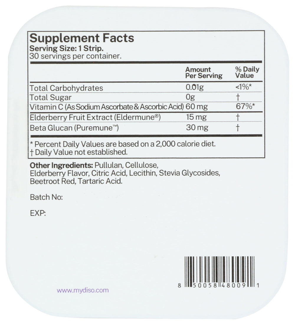 DISO Vitamin C strips elderberry close-up of dissolvable texture and flavor